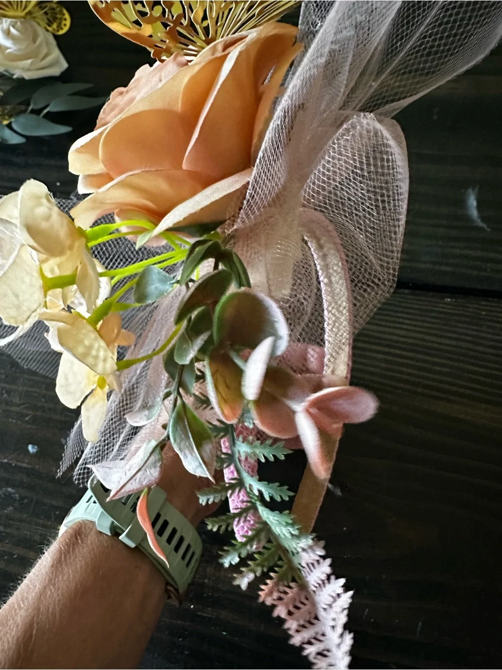 Pink Floral Tulle Headband with Decorative Blooms